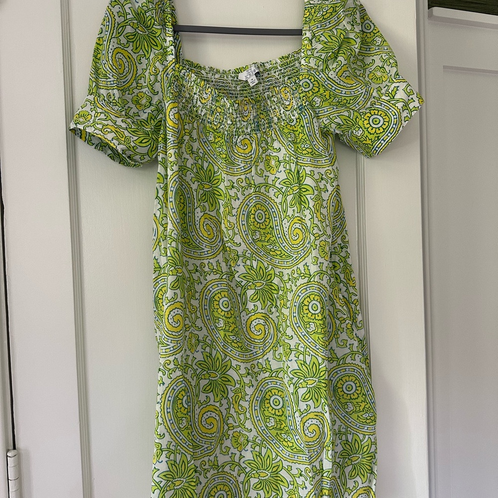 J. Crew and SZ Block Print Collab Green and White Puff Sleeve Sundress
